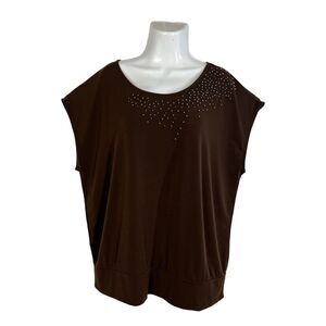 Cato Women’s Plus Size 22/24W Brown Banded Hem Top Studded Scoop Neck Cap Sleeve
